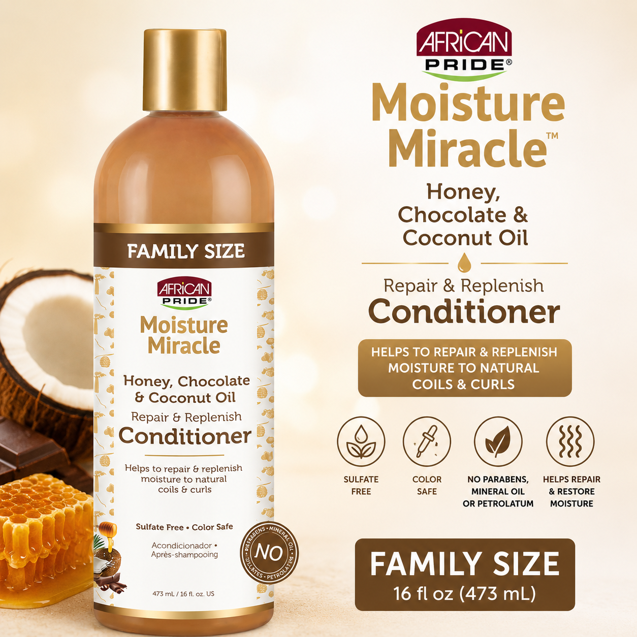 African Pride – Revitalisant Moisture Miracle au miel, chocolat et huile de coco, 16 fl oz