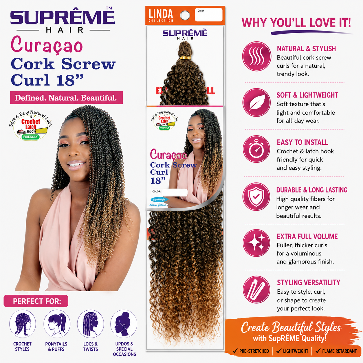SUPRÊME Hair – Boucles Cork Screw Curacao 18 po