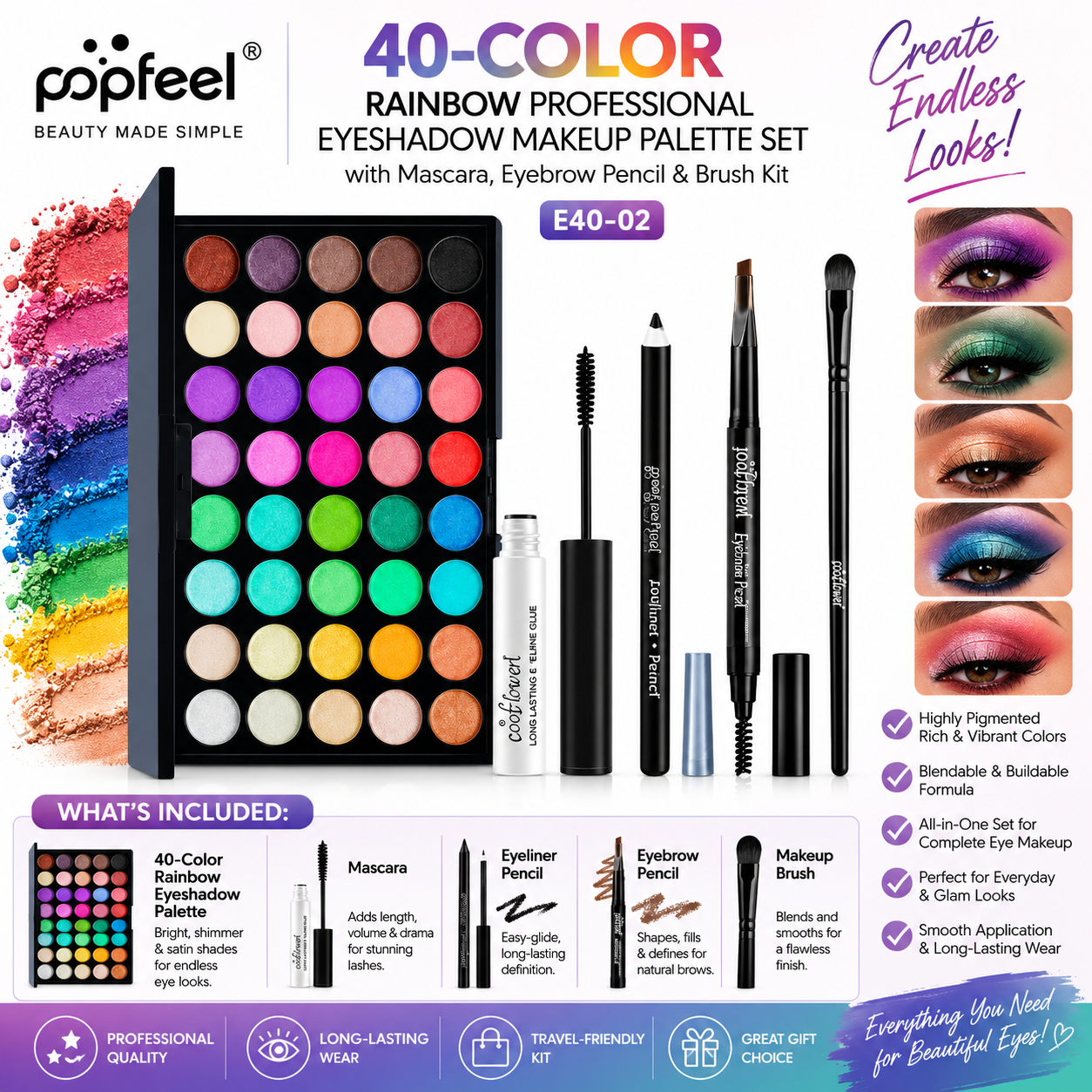 POPFEEL Palette Professionnelle Arc-en-ciel de 40 Fards à Paupières avec Mascara, Crayon à Sourcils et Kit de Pinceaux – E40-02