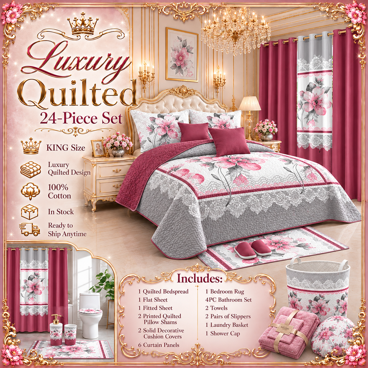24-Piece King Size Luxury Bedding Set with Curtains & Bathroom Accessories – Burgundy & Pink Floral Elegance Clessenza Beauty Store