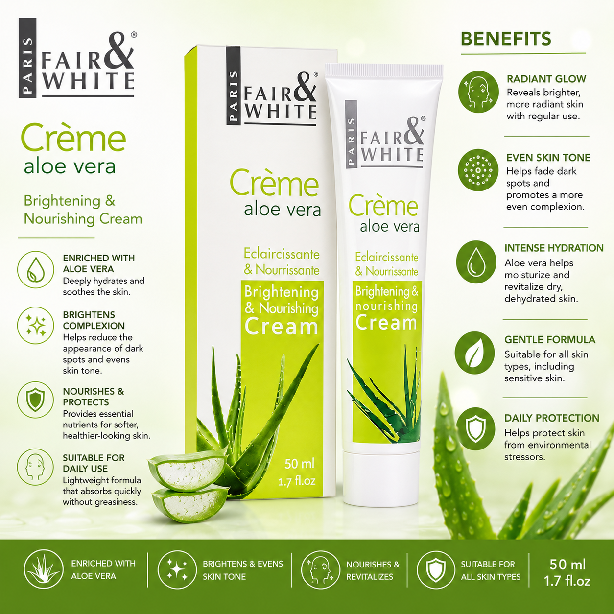 Fair & White Paris – Crème Éclaircissante & Nourrissante Originale à l'Aloe Vera, 50 ml
