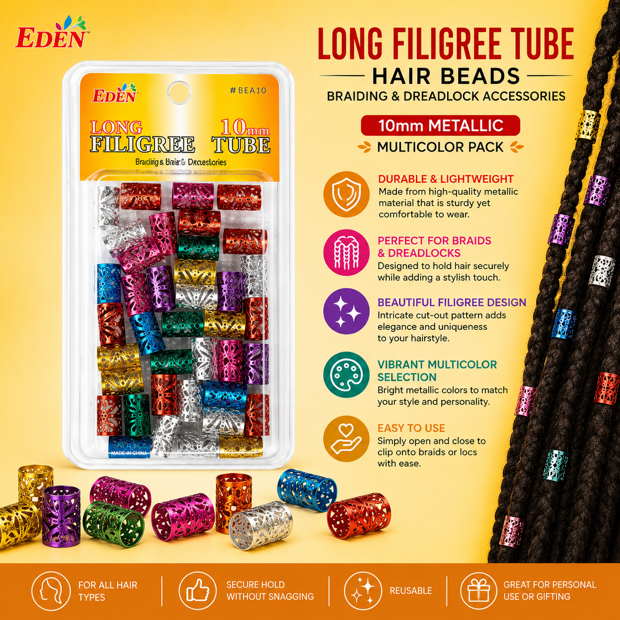 Eden – Long Filigree Tube Hair Beads 10mm Metallic Braiding & Dreadlock Accessories, Multicolor Pack