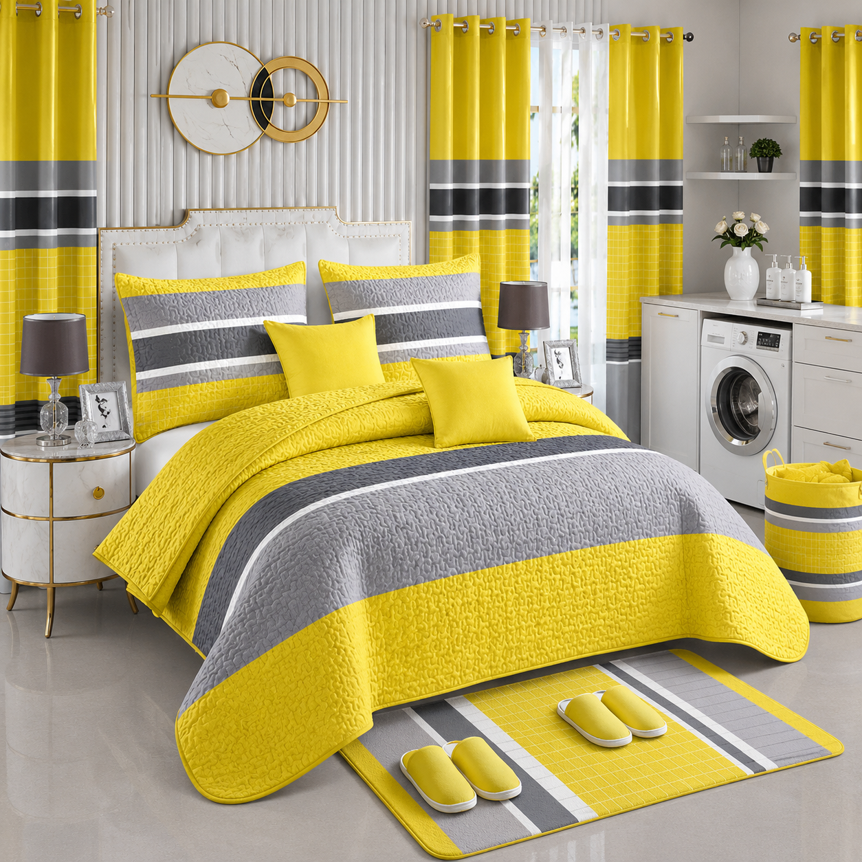 24-Piece King Size Yellow & Grey Luxury Bedding Set with Curtains & Bathroom Accessories