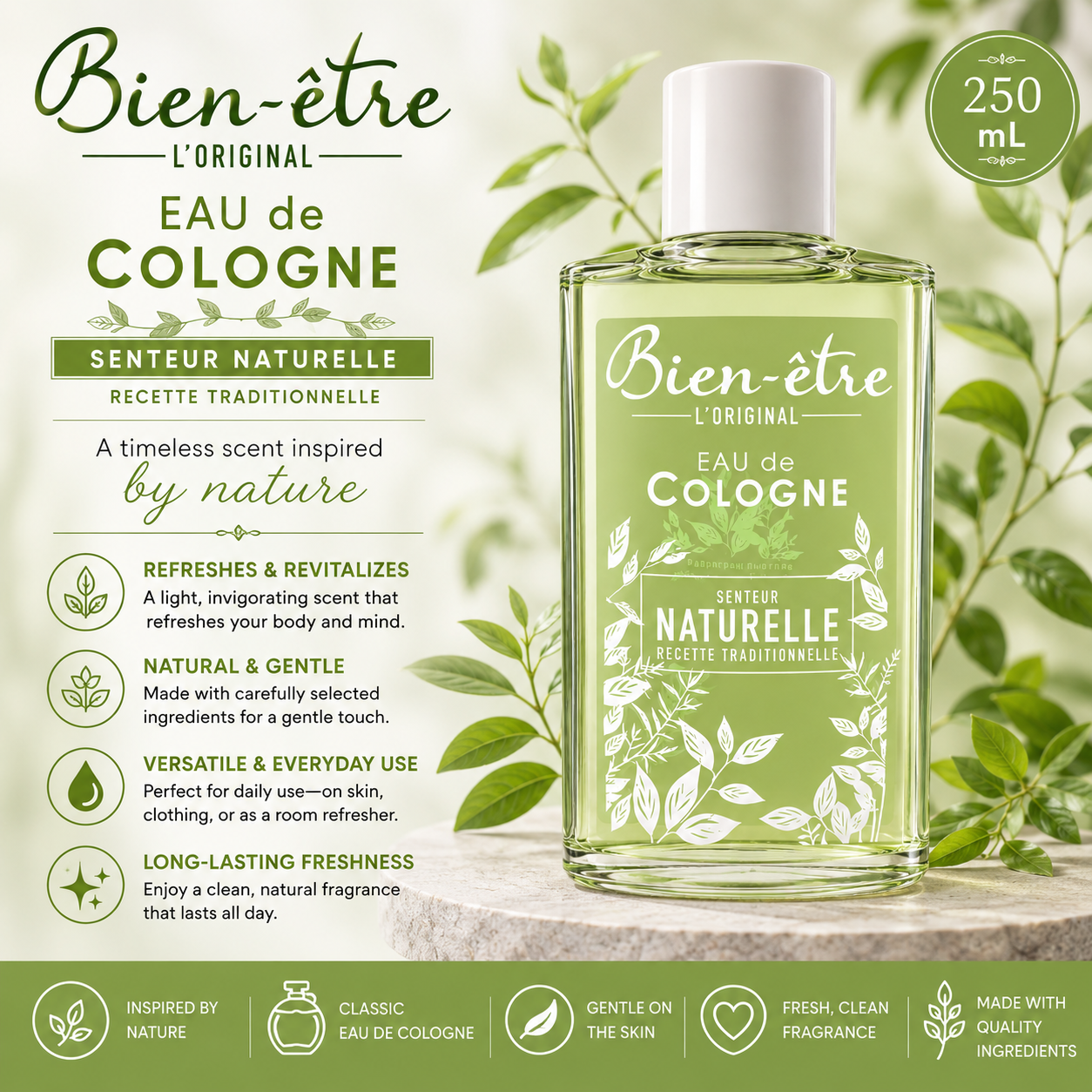 Bien-Être L'Original Eau de Cologne – Senteur Naturelle, 250 mL