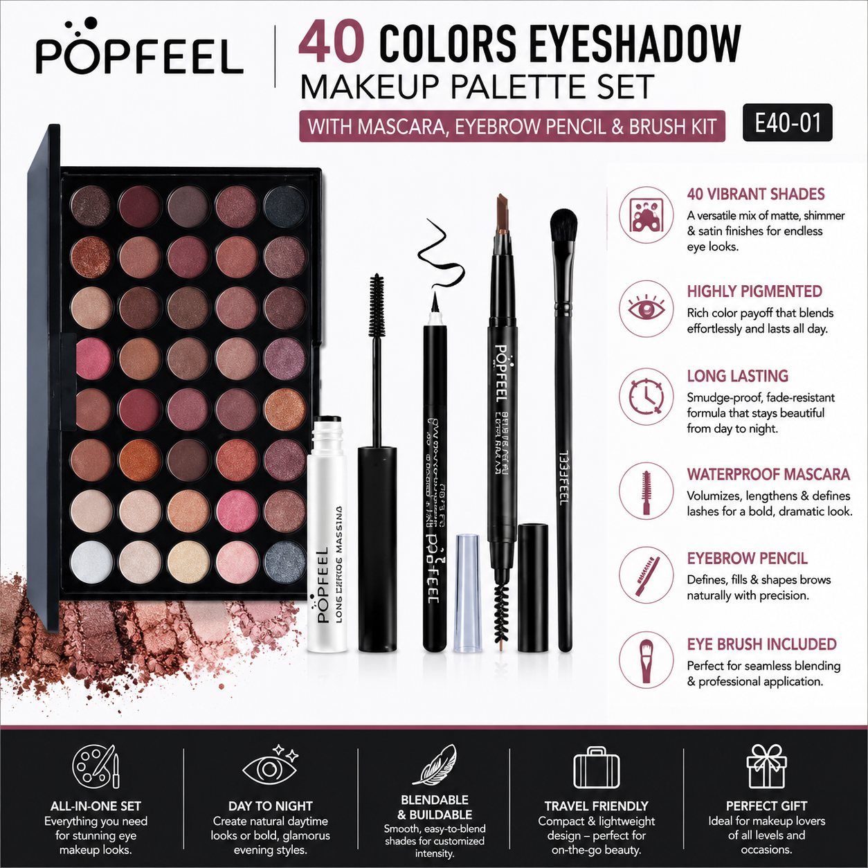POPFEEL Palette de 40 Couleurs de Fards à Paupières avec Mascara, Crayon à Sourcils et Kit de Pinceaux – E40-01