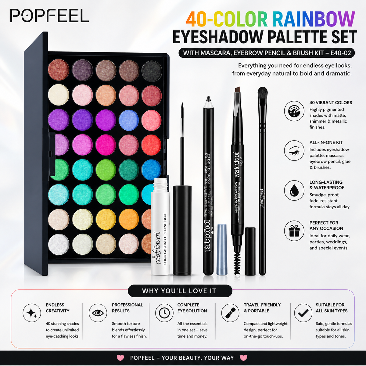 POPFEEL 40-Color Rainbow Professional Eyeshadow Makeup Palette Set with Mascara, Eyebrow Pencil & Brush Kit – E40-02 Popfeel