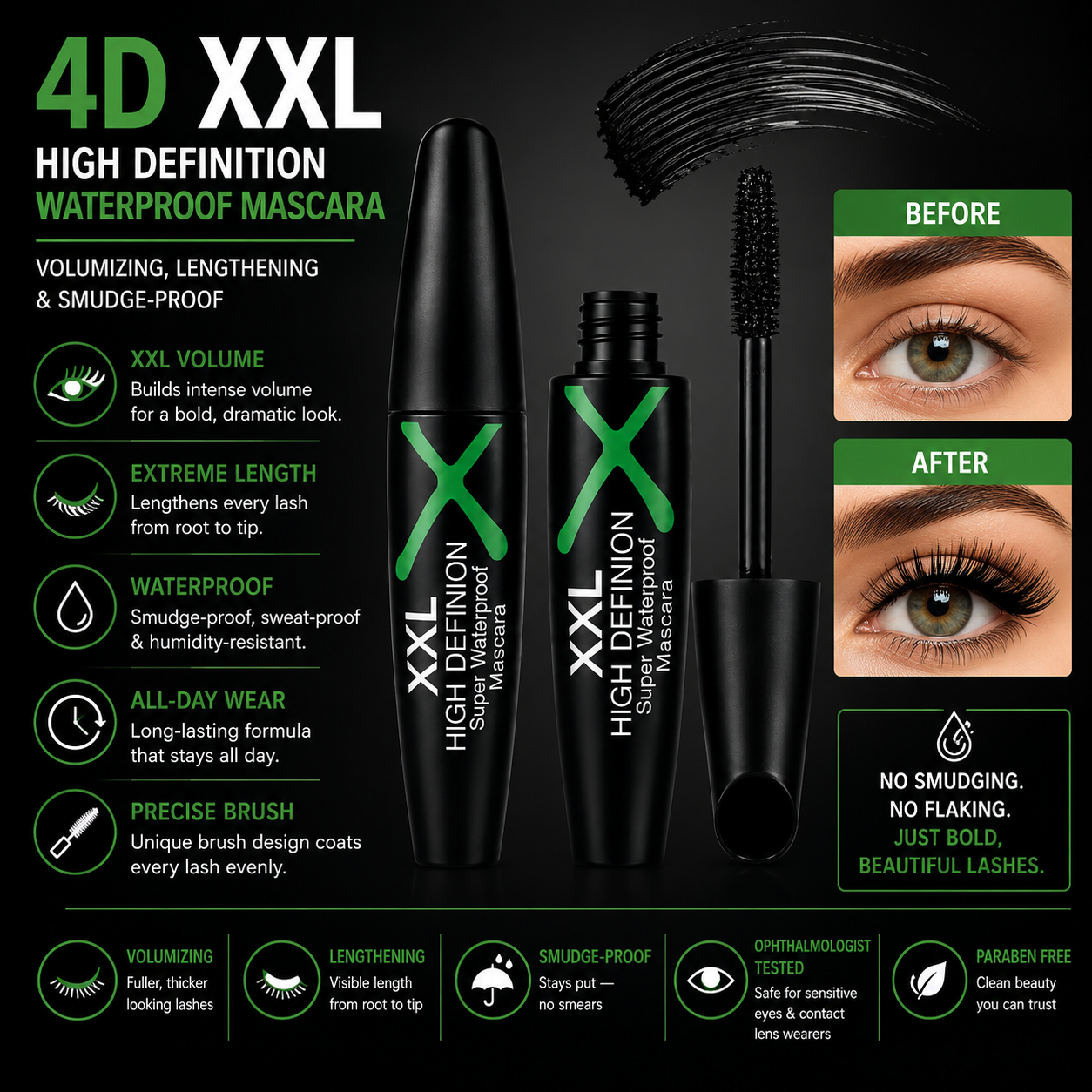 4D XXL High Definition Waterproof Mascara – Volumizing, Lengthening & Smudge-Proof Black Mascara Clessenza Beauty Store
