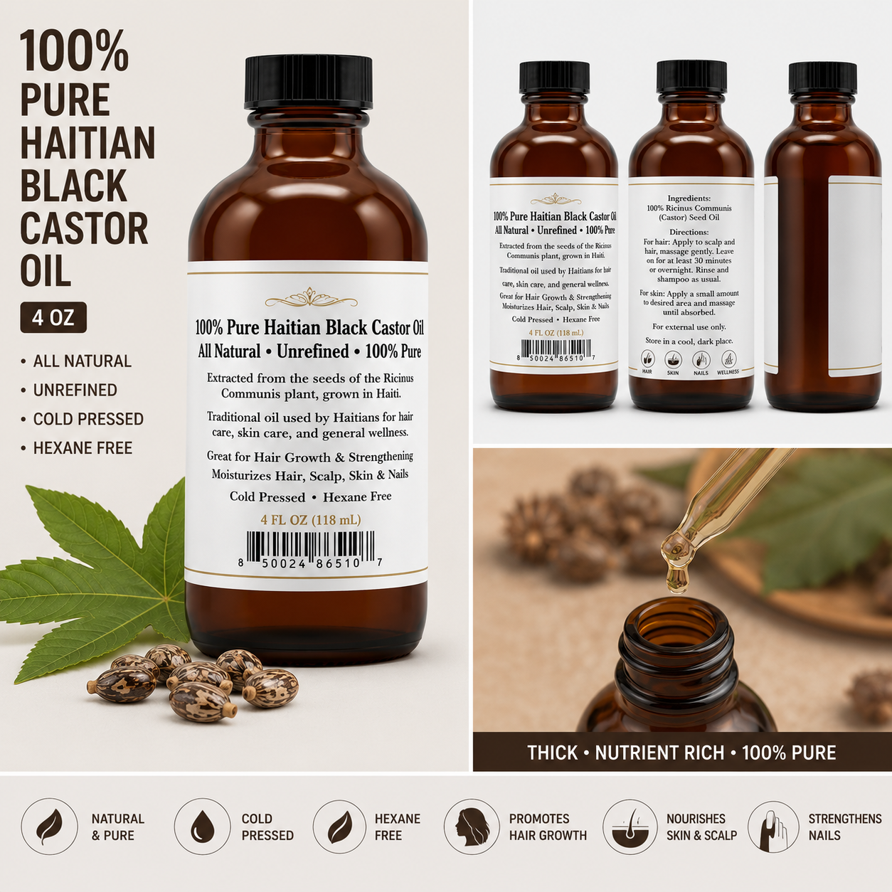 Huile de Ricin Noire Haïtienne 100 % Pure – 4 oz
