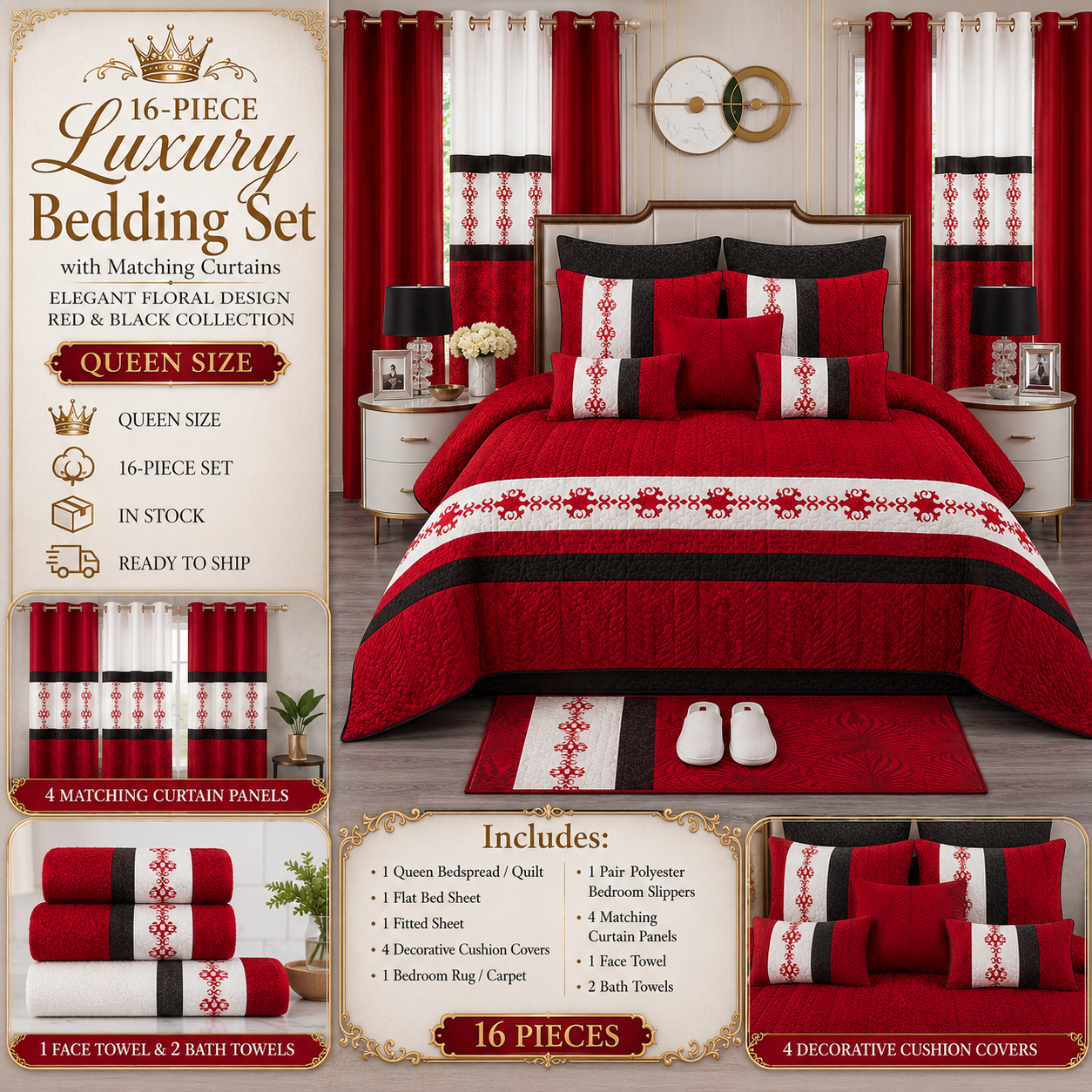 16-Piece Luxury Red & Black Bedding Set with Matching Curtains – Elegant Floral Design Clessenza Beauty Store