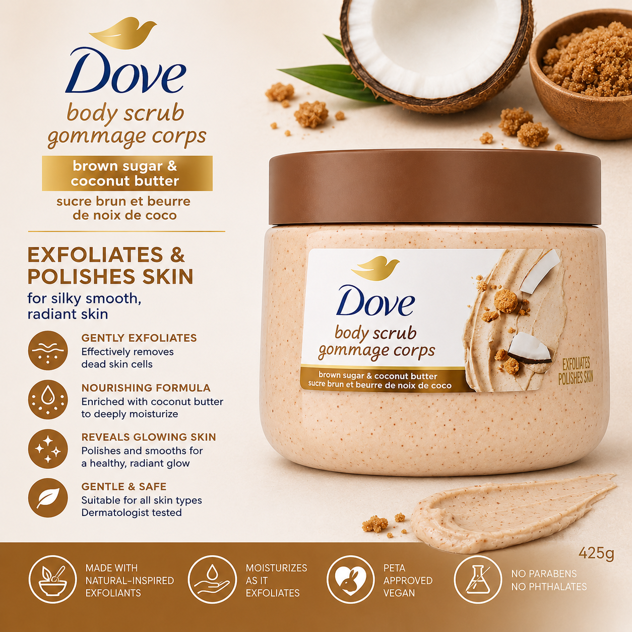 Dove – Exfoliating Body Scrub Brown Sugar & Coconut Butter, 425g