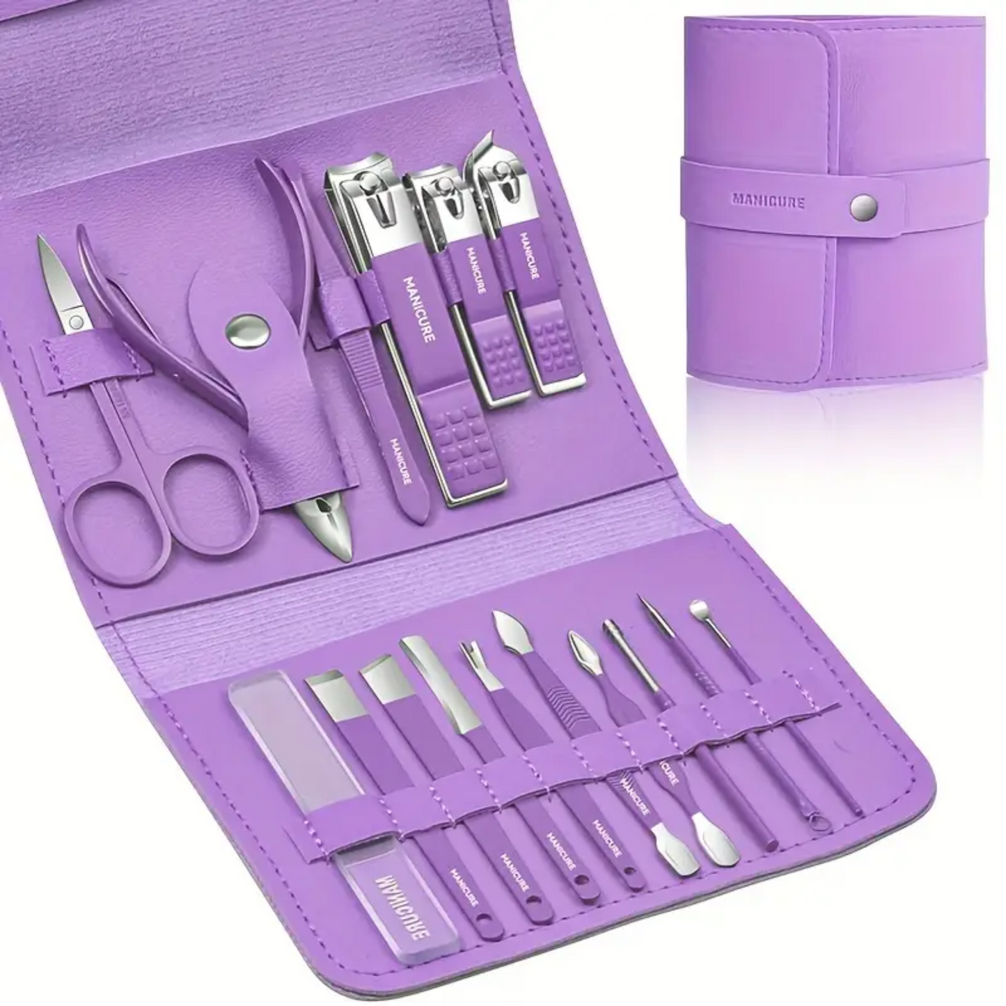 Kit de manucure et pédicure de 16 pièces avec coupe-ongles professionnels – Étui violet