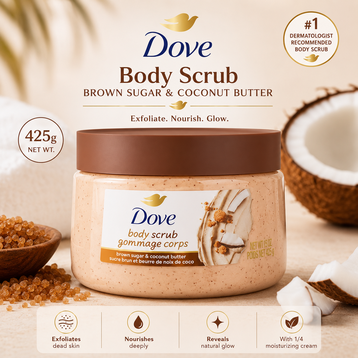 Dove – Gommage Corporel Sucre Brun & Beurre de Noix de Coco, 425 g