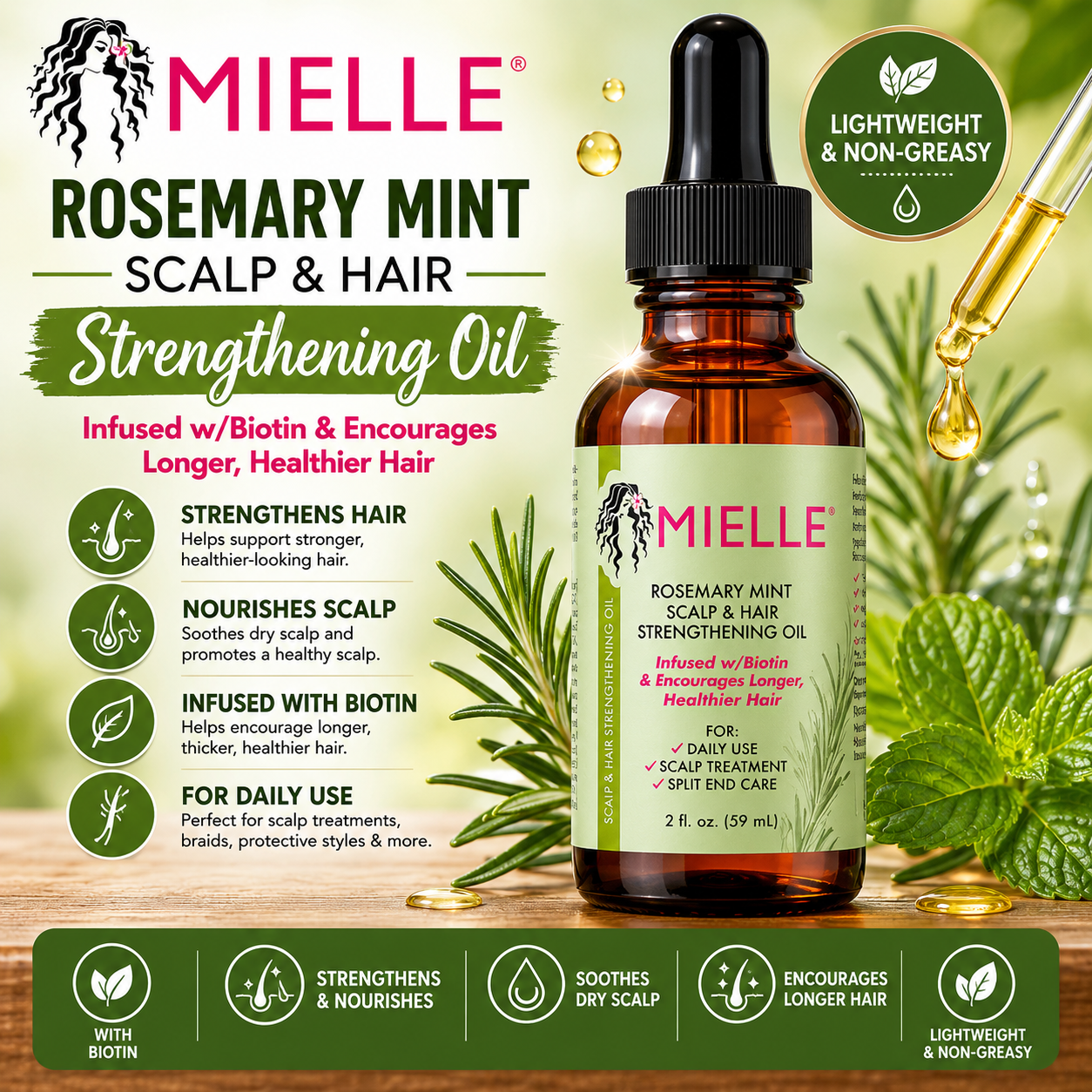 Mielle – Rosemary Mint Scalp & Hair Strengthening Oil, 2 fl oz