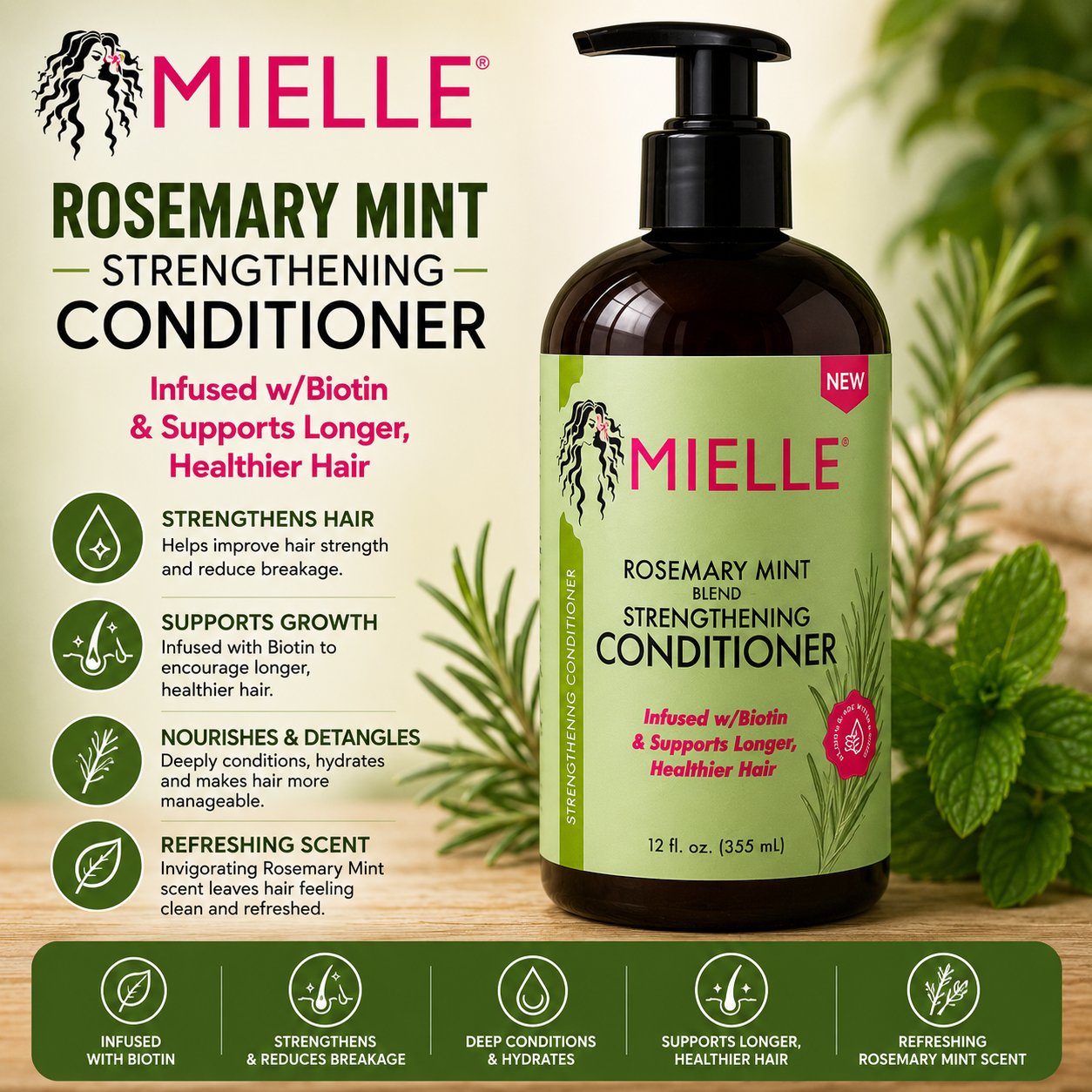 Mielle – Rosemary Mint Strengthening Conditioner, 12 fl oz