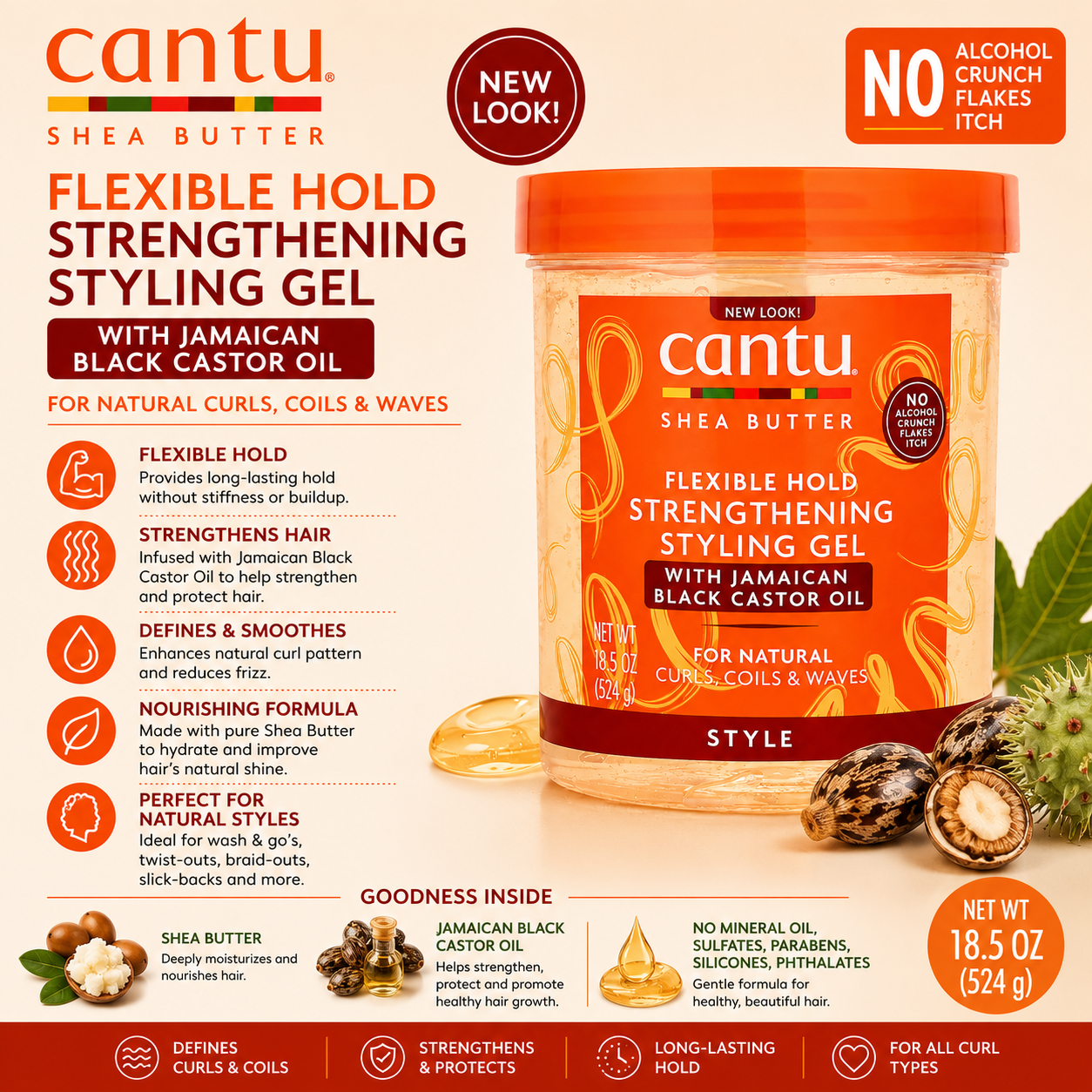 Cantu – Shea Butter Flexible Hold Strengthening Styling Gel with Jamaican Black Castor Oil, 18.5 Oz