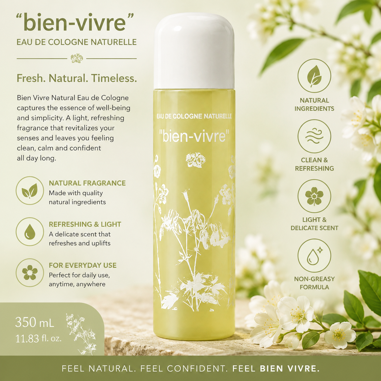 Bien-Vivre Natural Eau de Cologne – Fresh Everyday Fragrance Mist, 350 mL