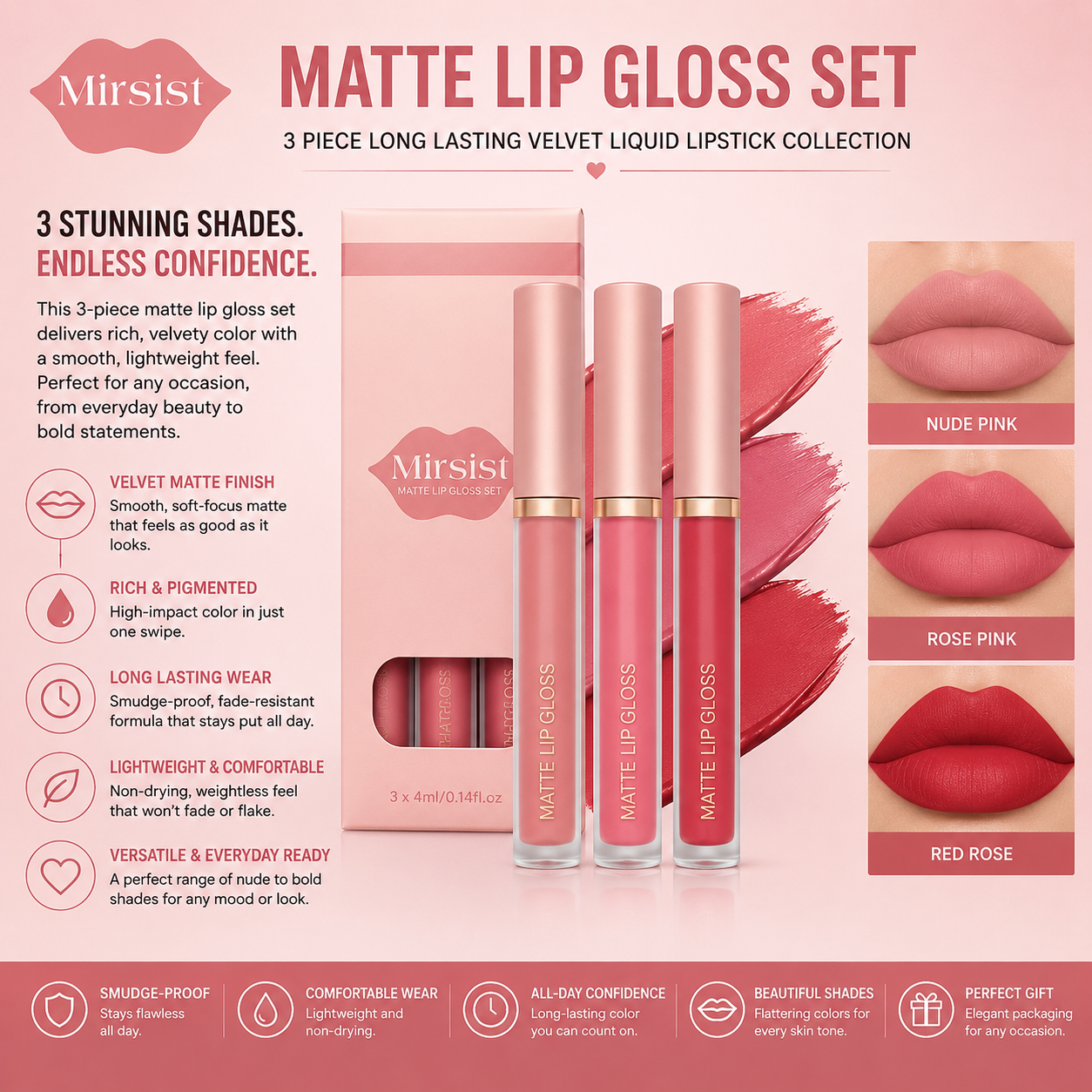 Mirsist Matte Lip Gloss Set – 3 Piece Long Lasting Velvet Liquid Lipstick Collection