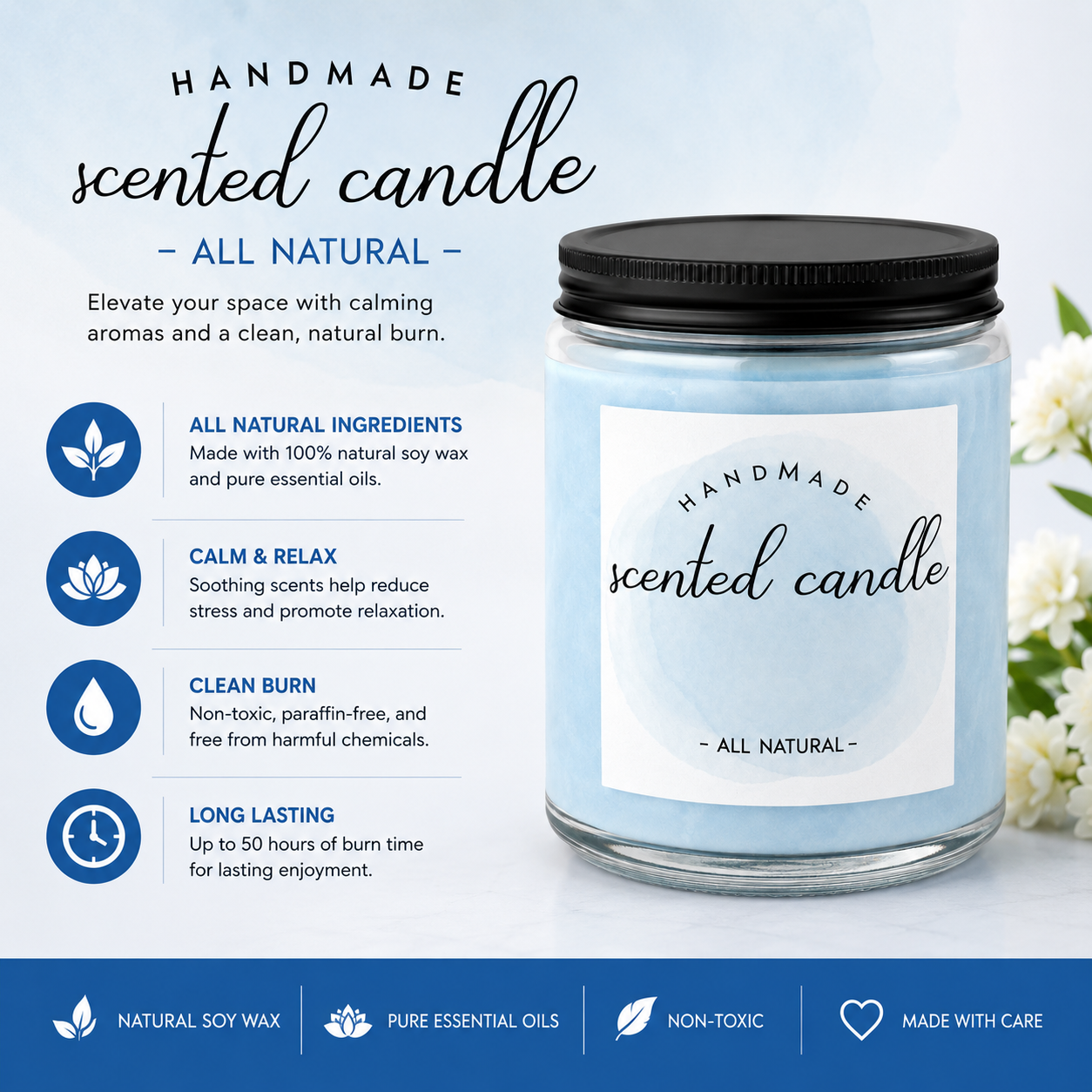 Handmade All Natural Blue Scented Candle Clessenza Beauty Store