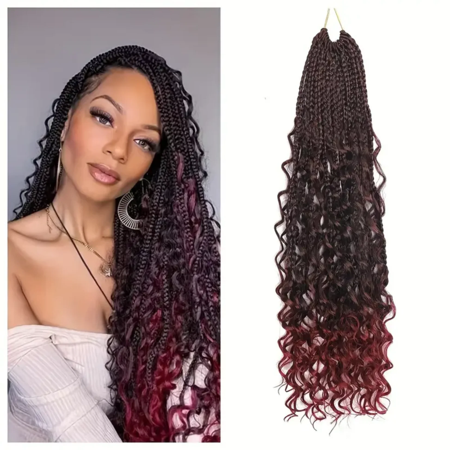 Boho Goddess Crochet Braids 18″ – Curly-End Protective Braiding Hair, Color #TBUG Burgundy Ombre Clessenza Beauty Store