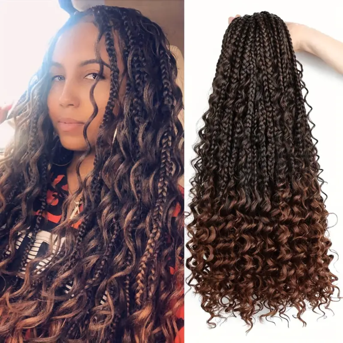 Boho Goddess Crochet Braids 18″ – Curly-End Protective Braiding Hair, #T30 Ombre Brown Clessenza Beauty Store