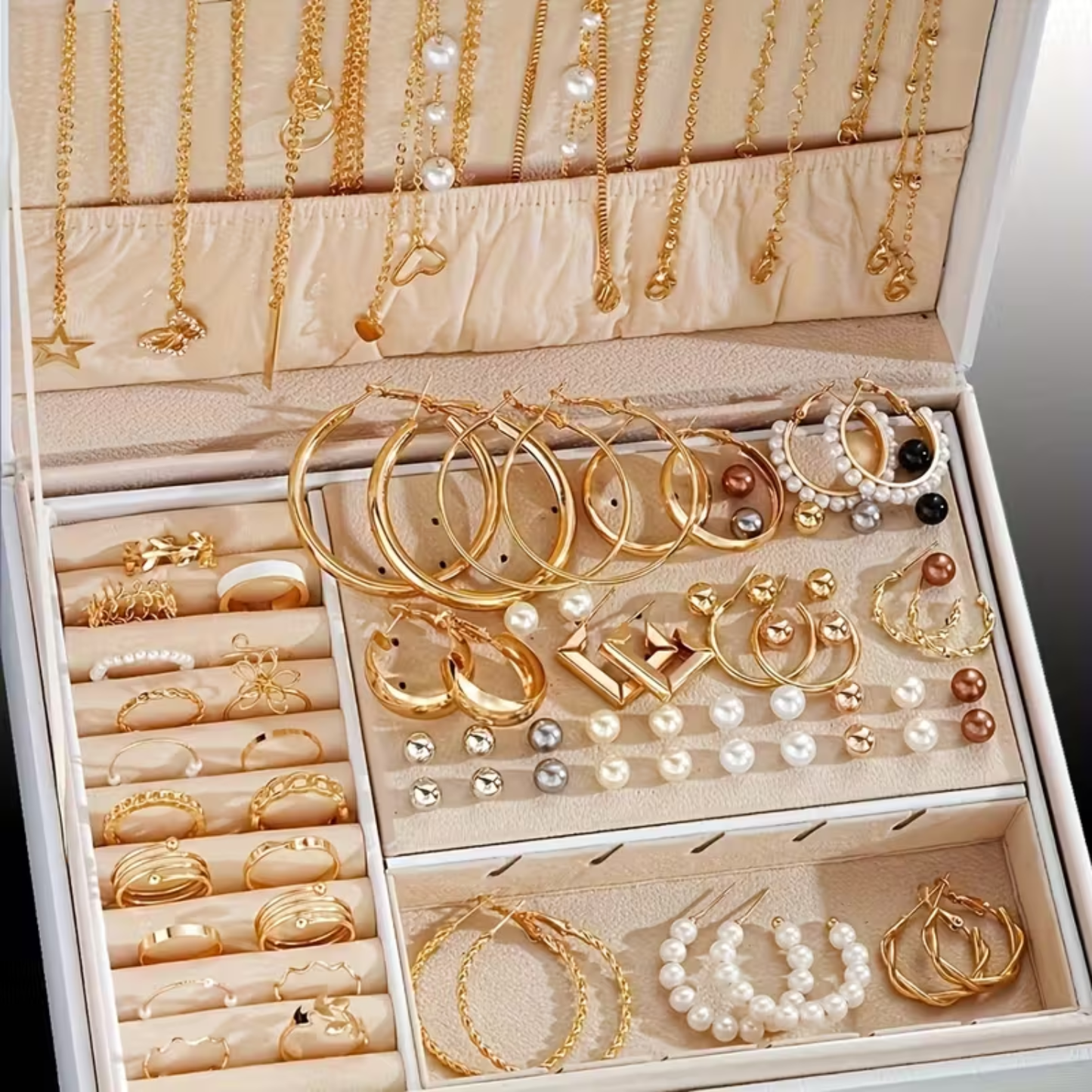 Multiple Pieces Gold Jewelry Set – Earrings, Rings & Necklaces Collection