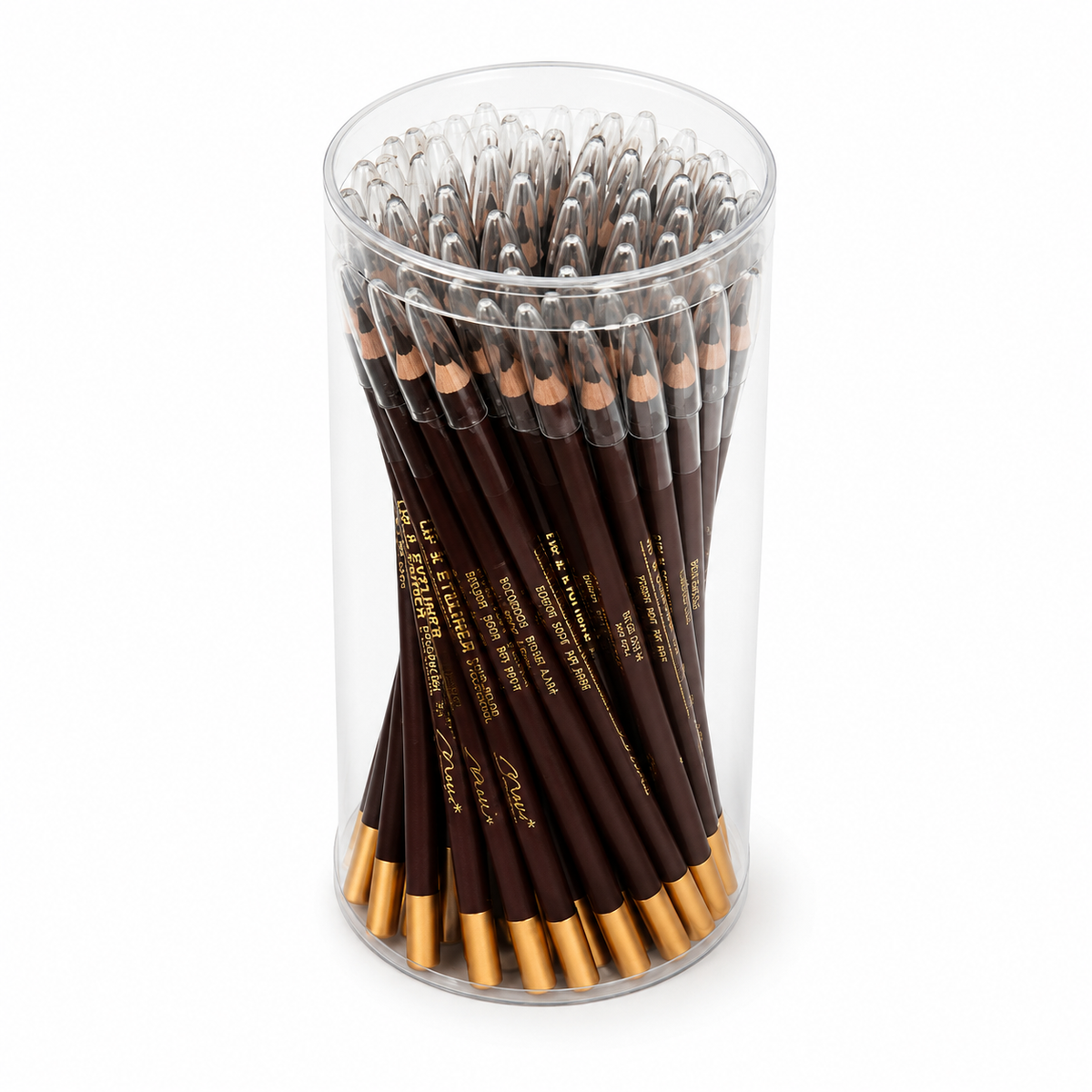 Clear cylindrical container filled with brown makeup pencils on a white background