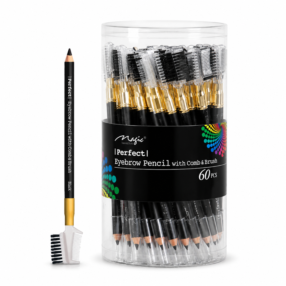 Pack of 60 eyebrow pencils with a comb and brush on a white background