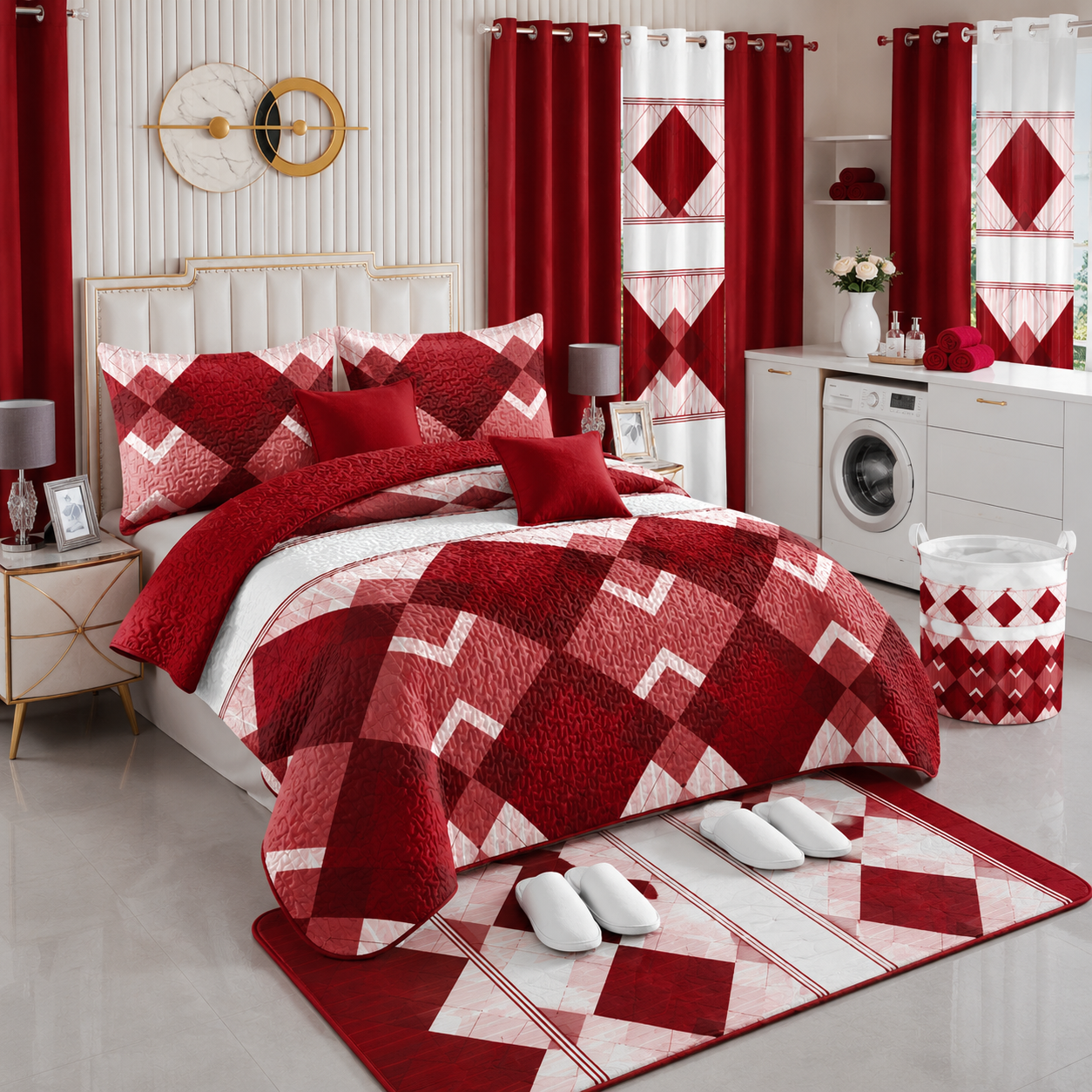 Ensemble de Literie Luxe Rouge à Motif Losange 24 Pièces King avec Rideaux et Accessoires de Salle de Bain