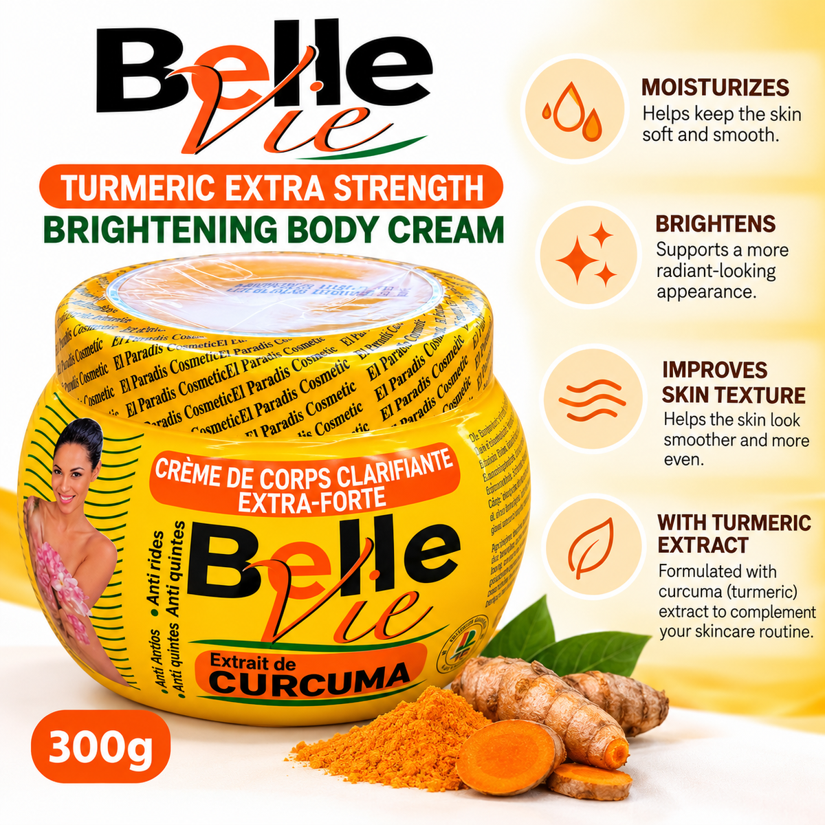 Belle Vie – Turmeric Extra Strength Brightening Body Cream, 300g Belle Vie
