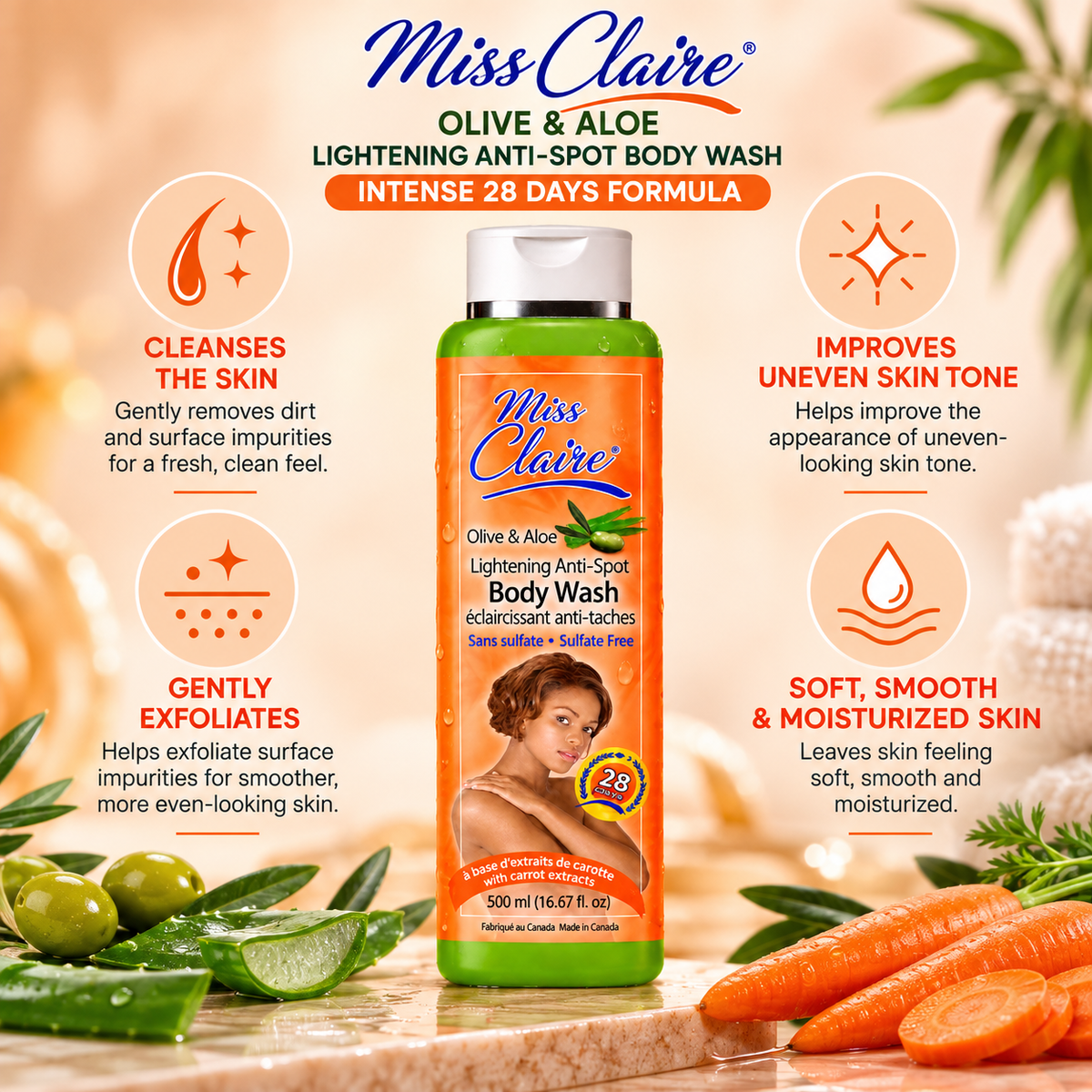Miss Claire® – Anti-Spot Brightening Exfoliating & Moisturizing Body Wash Intense 28 Days Formula, 500 mL Miss Claire
