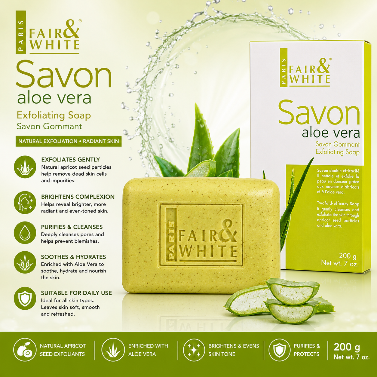 Fair & White – Savon exfoliant à l'aloe vera, 200 g