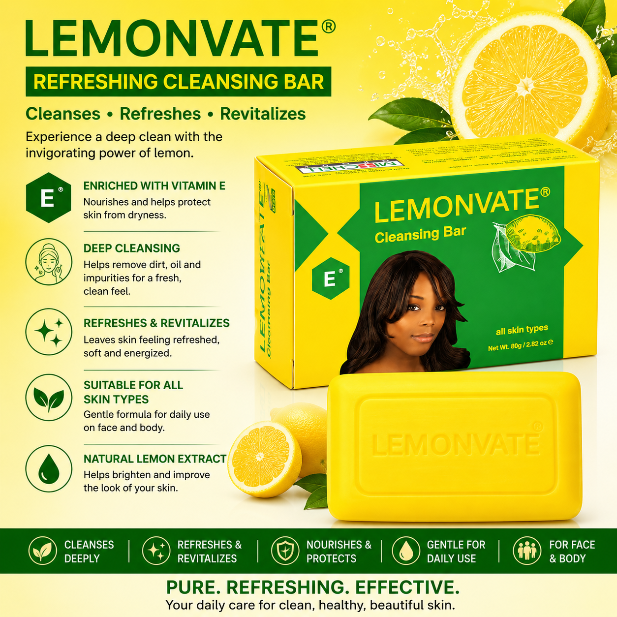 Lemonvate – Pain Nettoyant Rafraîchissant pour le Visage et le Corps, 80 g