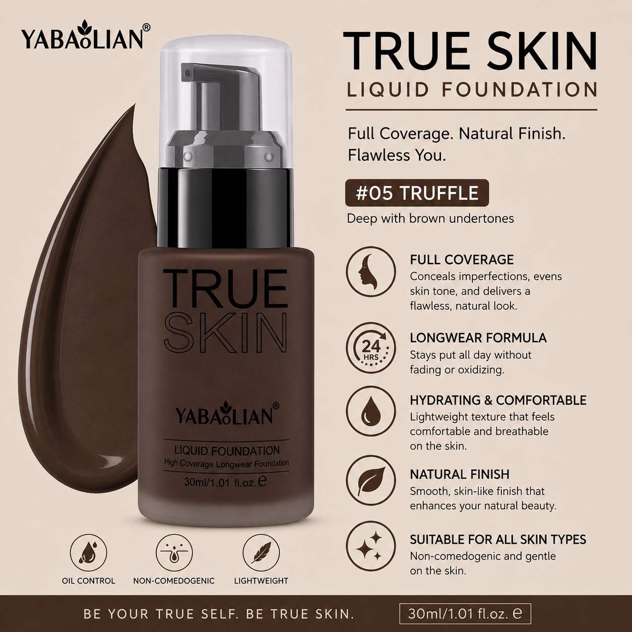 Yabaolian True Skin Liquid Foundation – Full Coverage Natural Finish Foundation Clessenza Beauty Store