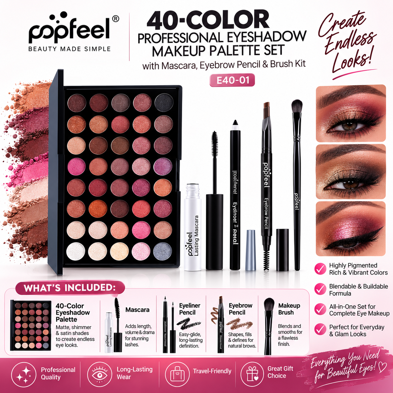 POPFEEL 40-Color Professional Eyeshadow Makeup Palette Set with Mascara, Eyebrow Pencil & Brush Kit – E40-01