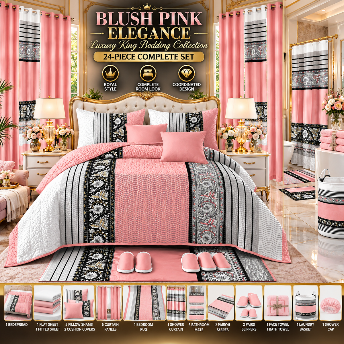 24-Piece King Size Luxury Bedding Set with Curtains & Bathroom Accessories – Blush Pink, Black & Gray Elegance Clessenza Beauty Store