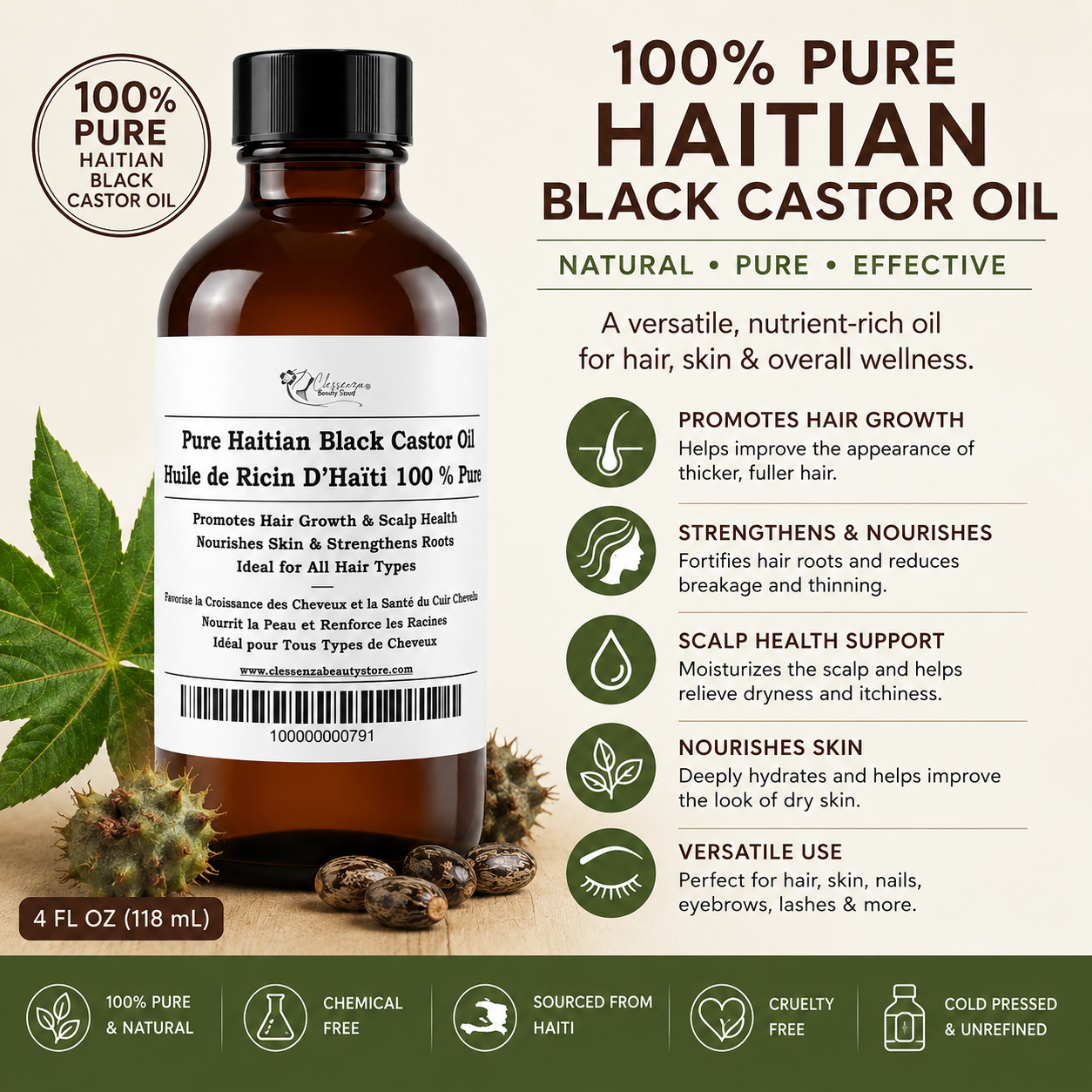 100% Pure Haitian Black Castor Oil – Natural Hair & Skin Treatment, 4 oz Clessenza Beauty Store