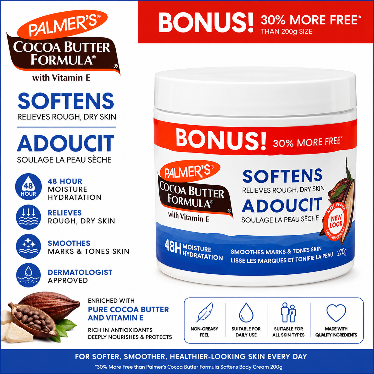 Palmer's Cocoa Butter Formula jar with bonus offer on a white background