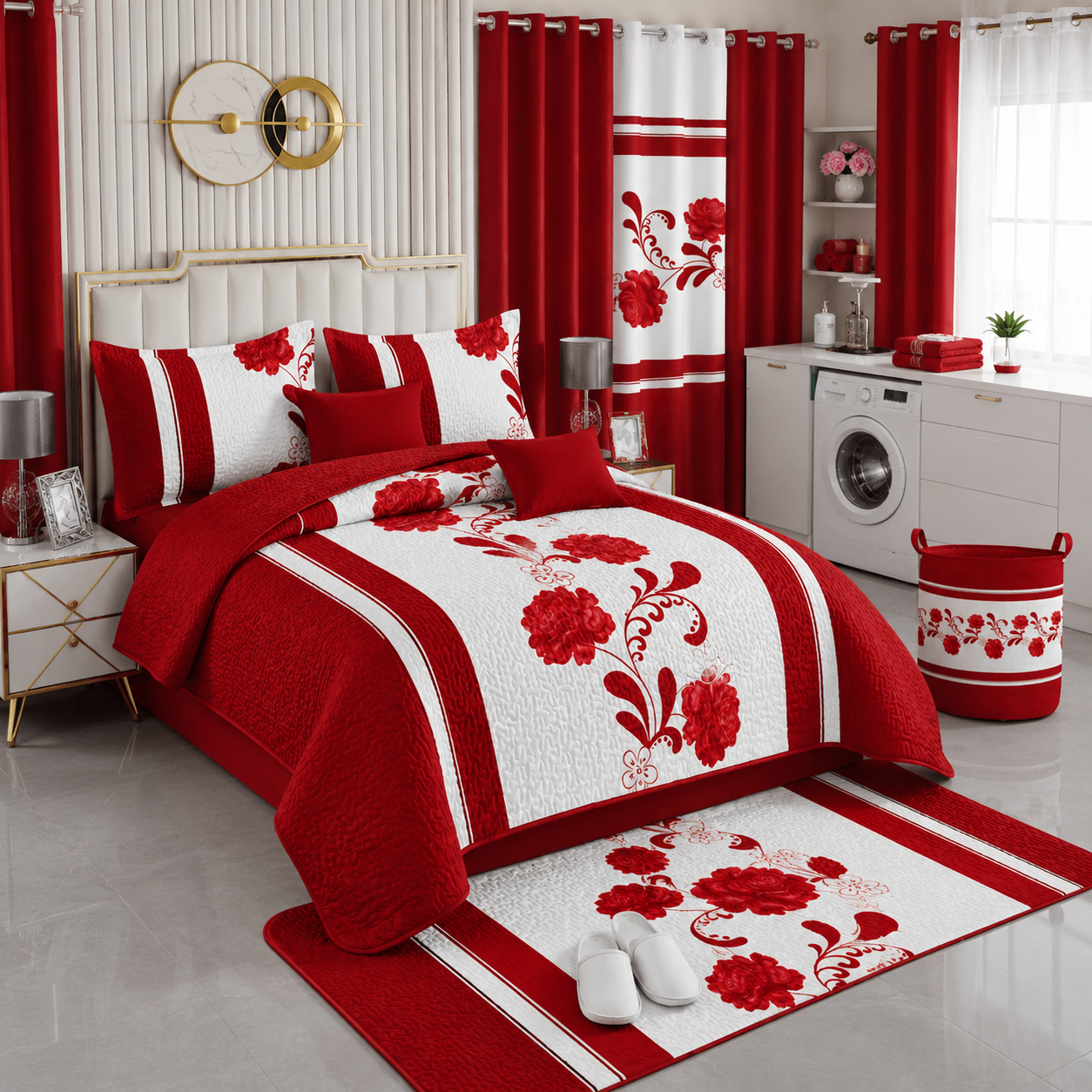 Ensemble de Literie Luxe Floral Rouge 24 Pièces King avec Rideaux et Accessoires de Salle de Bain