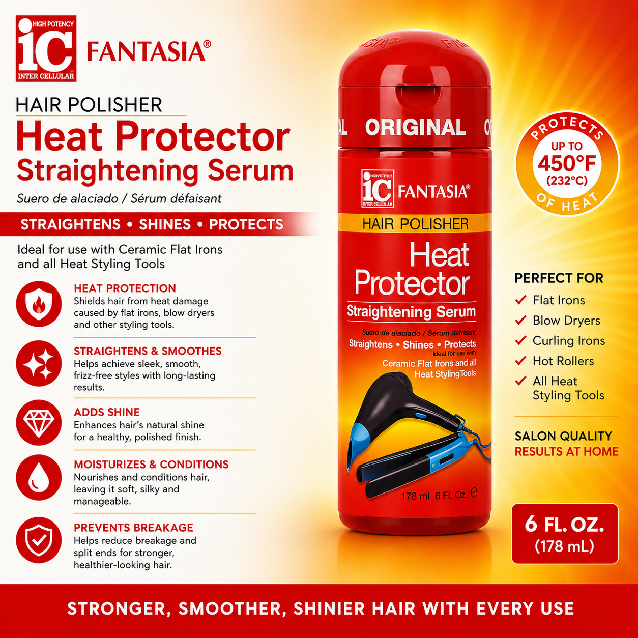 Fantasia IC – Hair Polisher Heat Protector Straightening Serum, 6 fl oz (178 mL) Fantasia IC