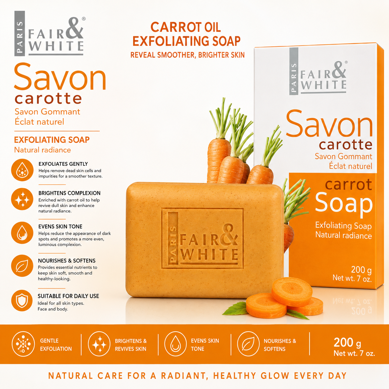 Fair & White Paris – Savon Exfoliant Original à l'Huile de Carotte, 200 g