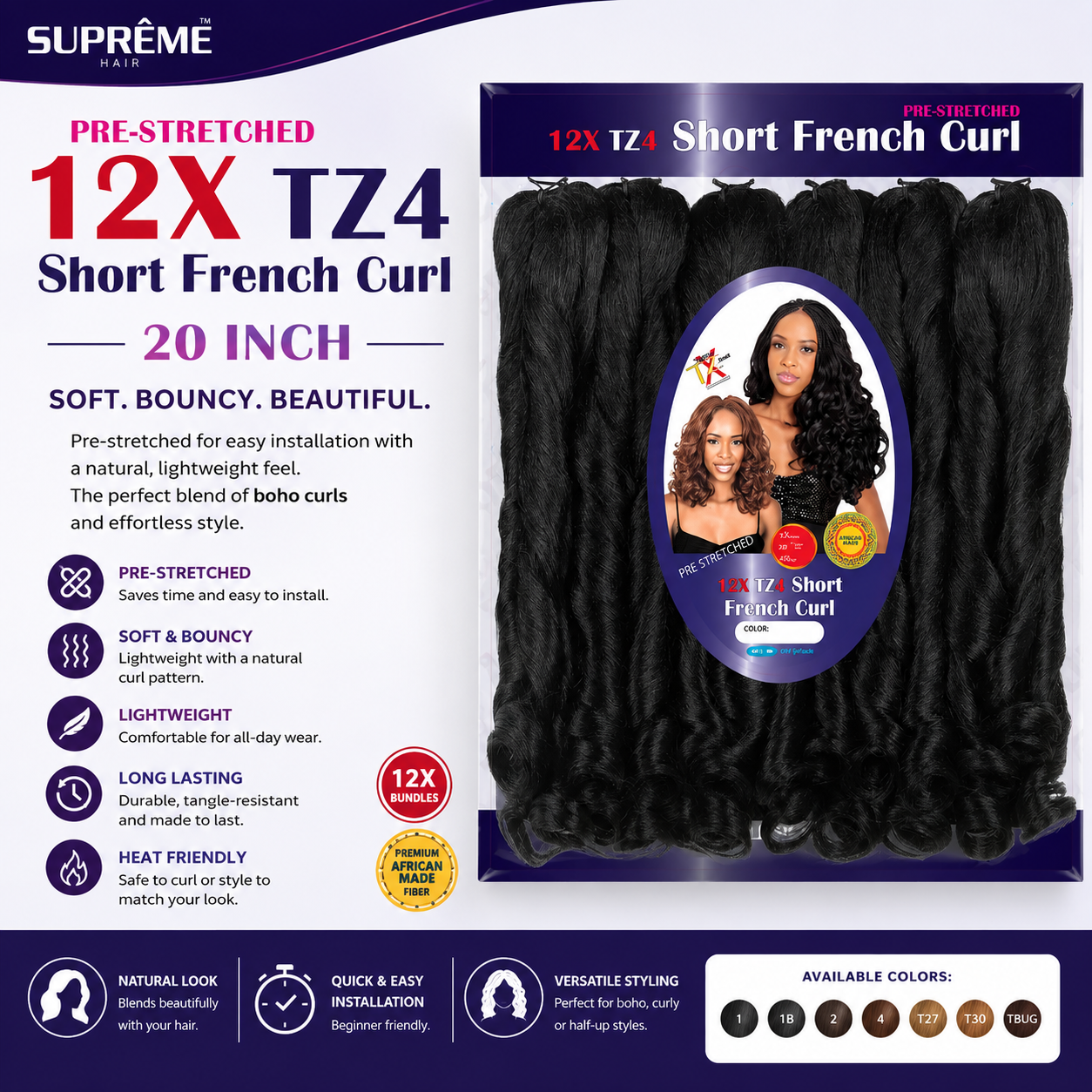 SUPRÊME Hair – Tresses Pré-Étirées 12X TZ4 Boucles Françaises Courtes 20 po