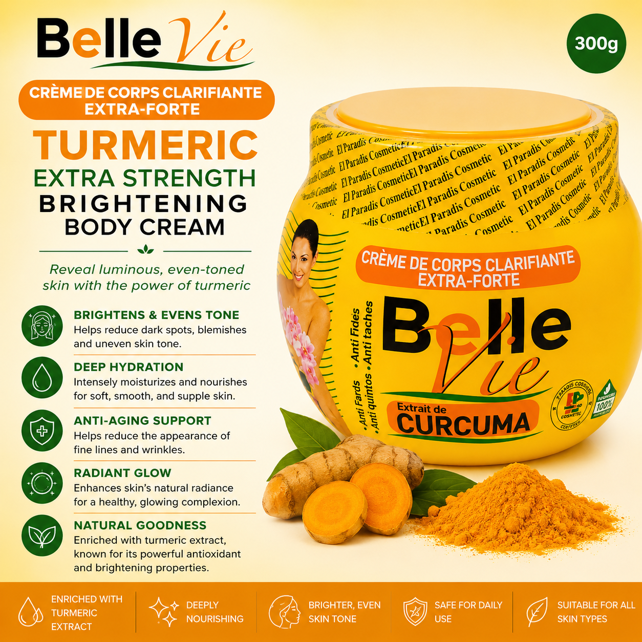 Belle Vie – Turmeric Extra Strength Brightening Body Cream, 300g