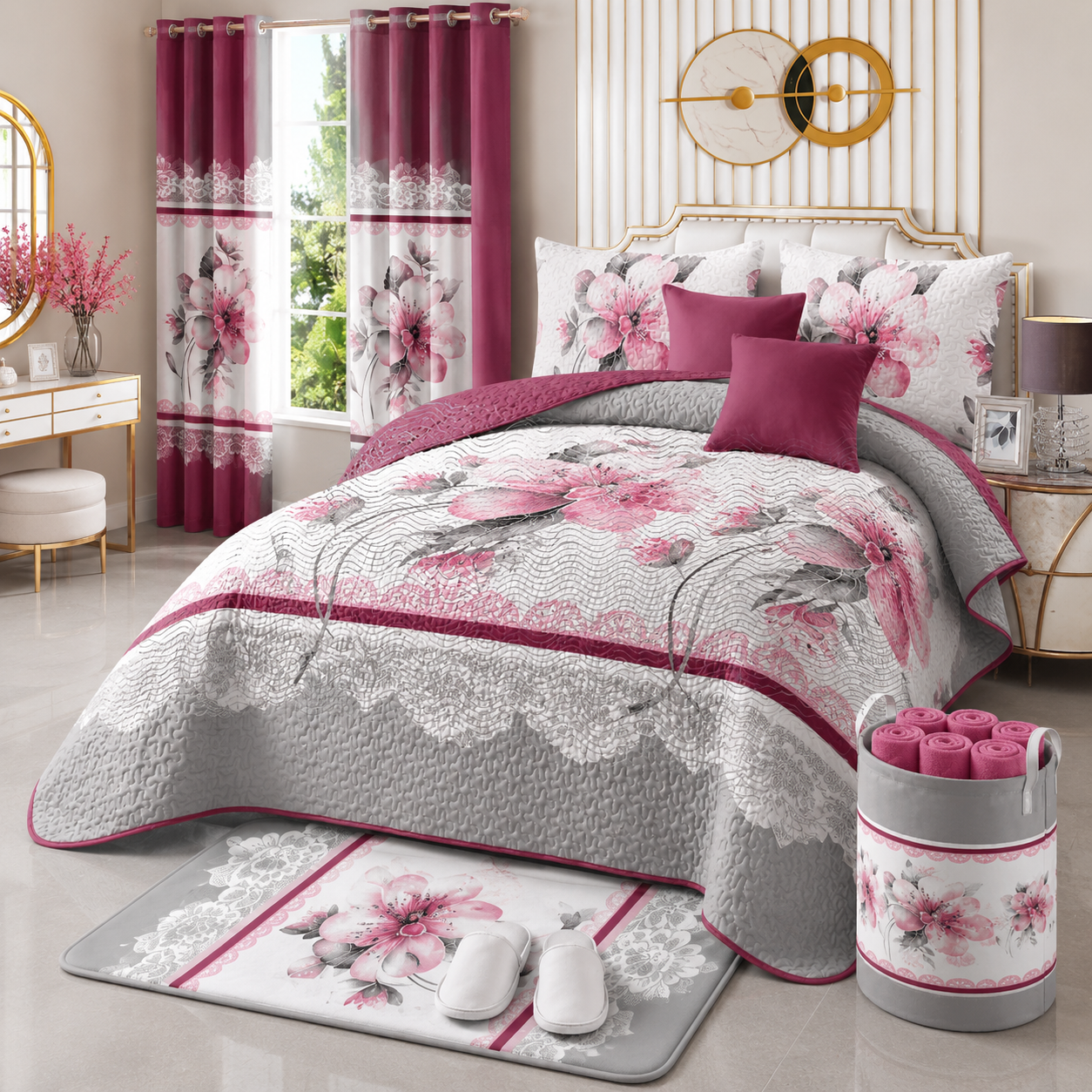 24-Piece King Size Luxury Bedding Set with Curtains & Bathroom Accessories – Pink Floral Design (Grey & Rose Pink) Clessenza Beauty Store