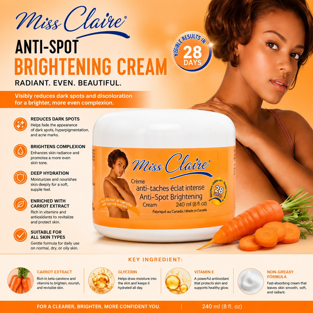 Miss Claire – Crème Éclaircissante Anti-Taches, 240 mL