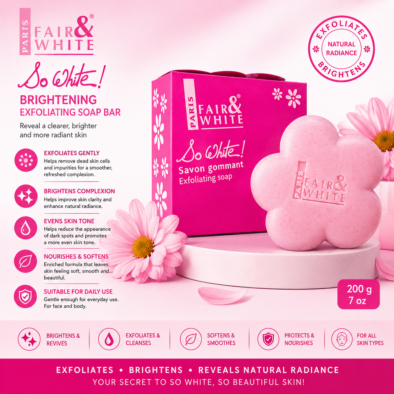 Fair & White Paris – So White! Brightening Exfoliating Soap Bar, 200g