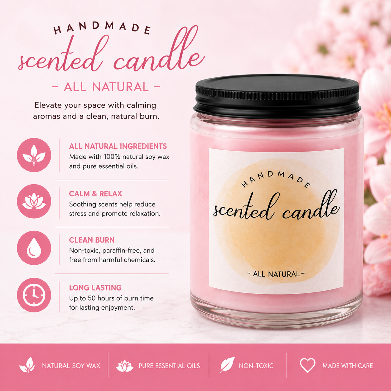 Handmade All Natural Pink Scented Candle Clessenza Beauty Store