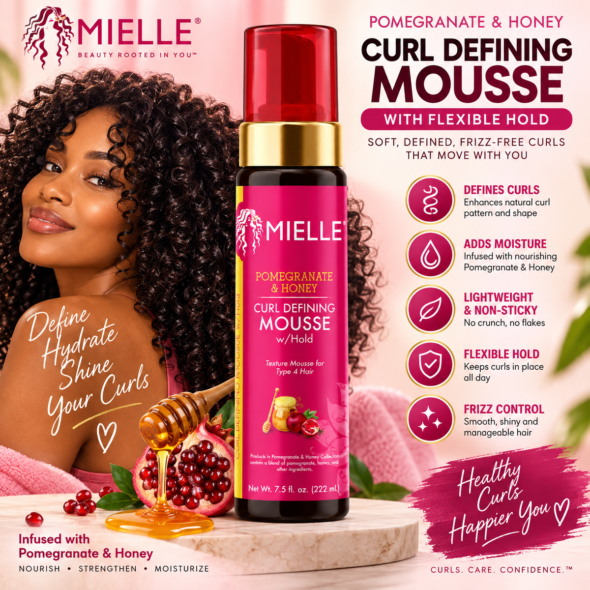 Mielle – Pomegranate & Honey Curl Defining Mousse with Flexible Hold, 7.5 fl oz Mielle Organics