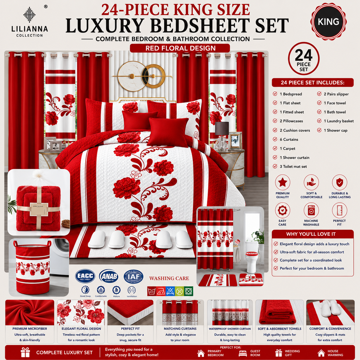 24-Piece King Size Luxury Bedding Set with Curtains & Bathroom Accessories – Red Floral Design