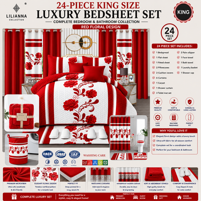 24-Piece King Size Luxury Bedding Set with Curtains & Bathroom Accessories – Red Floral Design