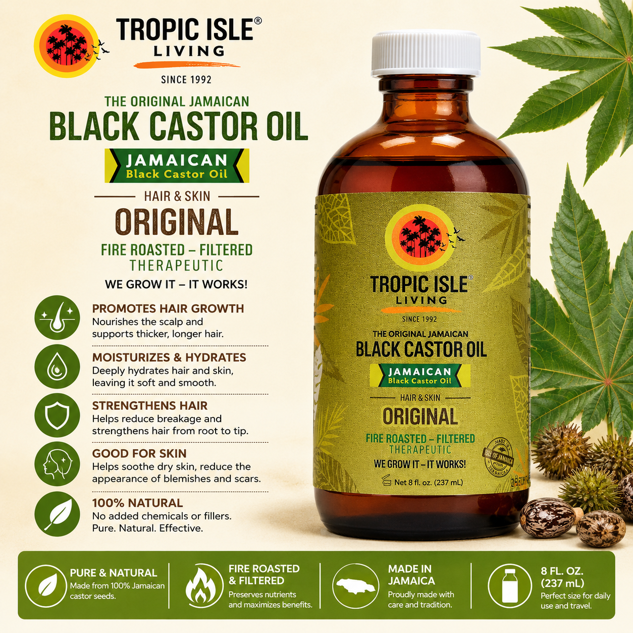 Tropic Isle Living – Huile de Ricin Noire Jamaïcaine Originale, 237 mL